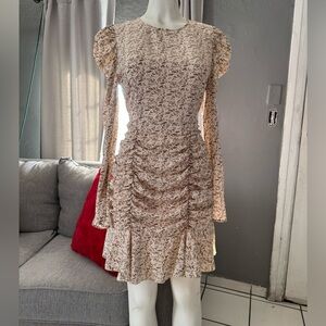 Long-Sleeve Ruched Floral Mini Dress in Beige